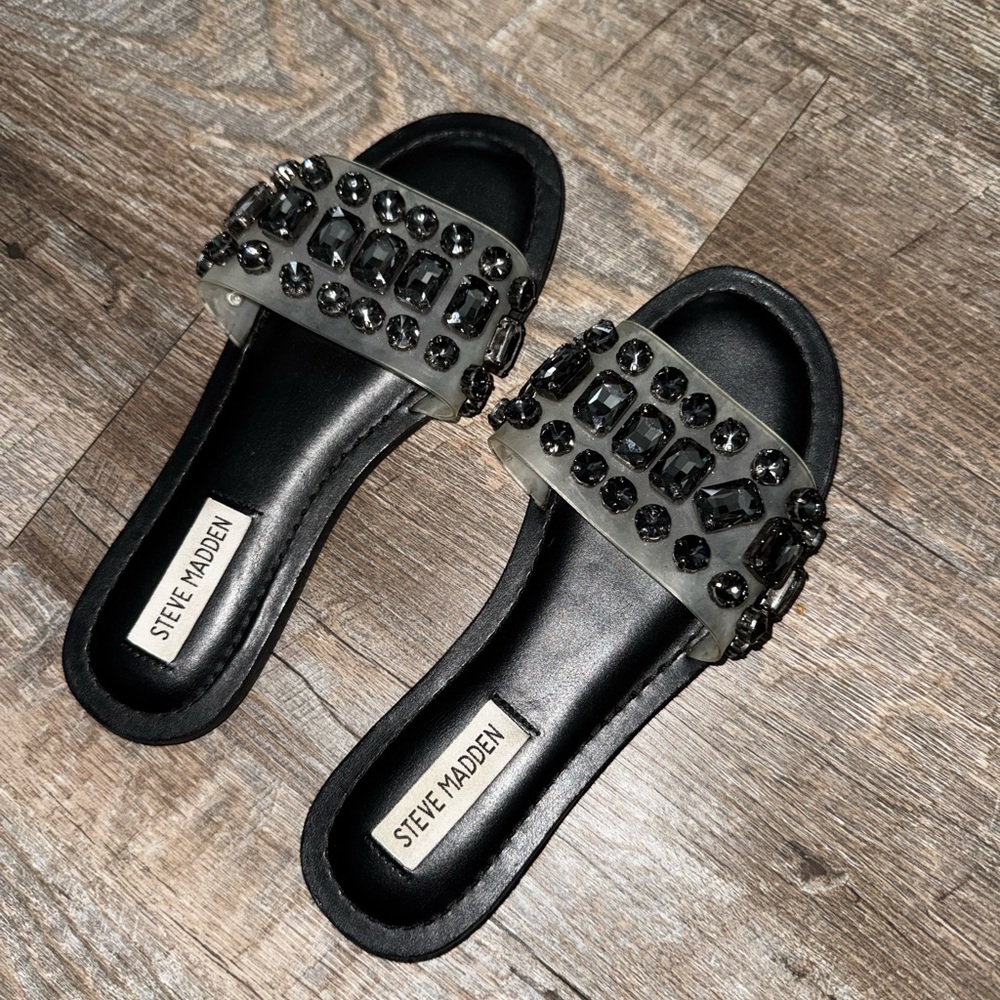 Steve Madden Black Jeweled Slide Mules with Smoke Gem Strap